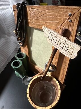 Garden Themed Picture Frame with Green Boots and Brown Wood Finish